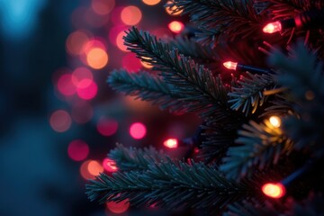 Twinkling multi-colored lights on a dark evergreen tree, energy efficient, glitter, tree