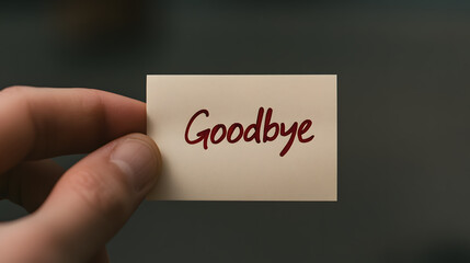 Farewell note held in hand. Saying Goodbye with script font, signaling departure or the end of a phase. A soft, somber moment captured.