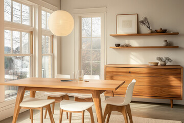 Wooden furniture in minimal dining room interior design .