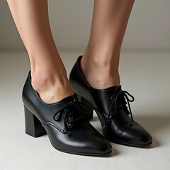 "Retro Black Leather Oxford Heels: Women's Designer Footwear with Curved Wooden Heel, Perforated Detailing, and 1940s Fashion Influence"


