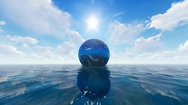 A world map appears on the ocean surface, representing World Water Day and highlighting the importance of water conservation, sustainability, and global environmental awareness.