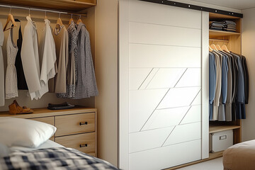  White wooden wardrobe in scandinavian style interior design of modern bedroom.