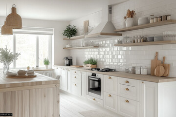 Scandinavian classic kitchen with wooden and white details, minimalistic interior design.