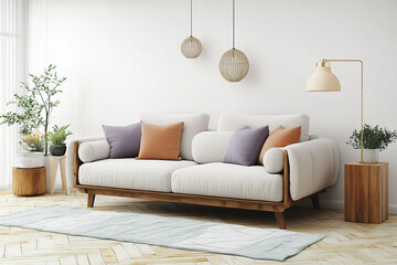 Bright and cozy modern living room interior have sofa and lamp with white wall background.