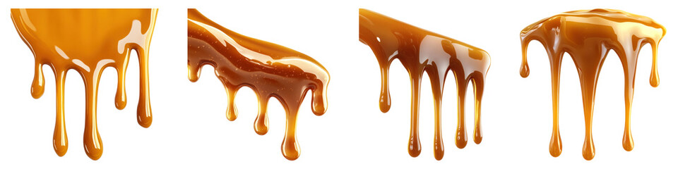 Caramel drips isolated on transparent background ,PNG, set of