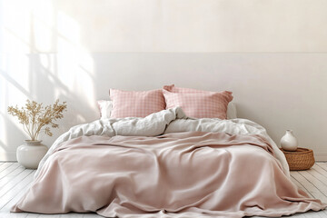Light, cute and cozy home bedroom interior with unmade bed, pink plaid and cushions on empty white wall background.