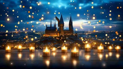 Obraz premium Enchanted Castle at Night with Glowing Candles and Sparkling Lights