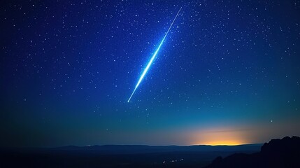 Naklejka premium Bright Meteor Streaking Across Night Sky Over Distant Hills