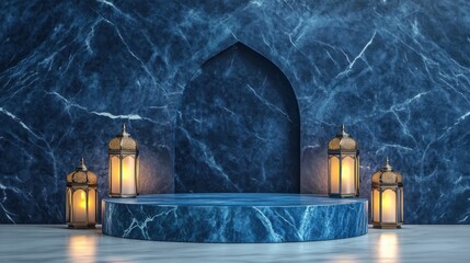 Elegant Blue Marble Display with Lit Lanterns Ramadan Festive Background