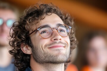 Man with curly hair wearing glasses looking up