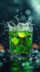 Refreshing green cocktail splashes in a glass under soft glowing lights at a dynamic evening gathering