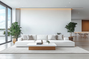 Fototapeta premium Interior of living room with white sofaand coffee table panorama .