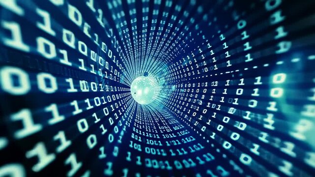 Abstract futuristic tunnel of glowing blue binary code numbers representing digital data transfer and information technology concept