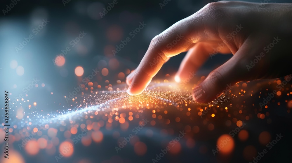 Poster close-up of a hand gently touching glowing particles on a dark backdrop, evoking a sense of connecti
