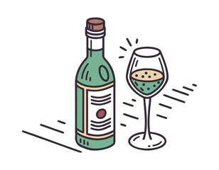 illustration of a wine bottle and a glass of wine with bubbles, perfect for food and drink themes, wine tasting events, or restaurant promotions.