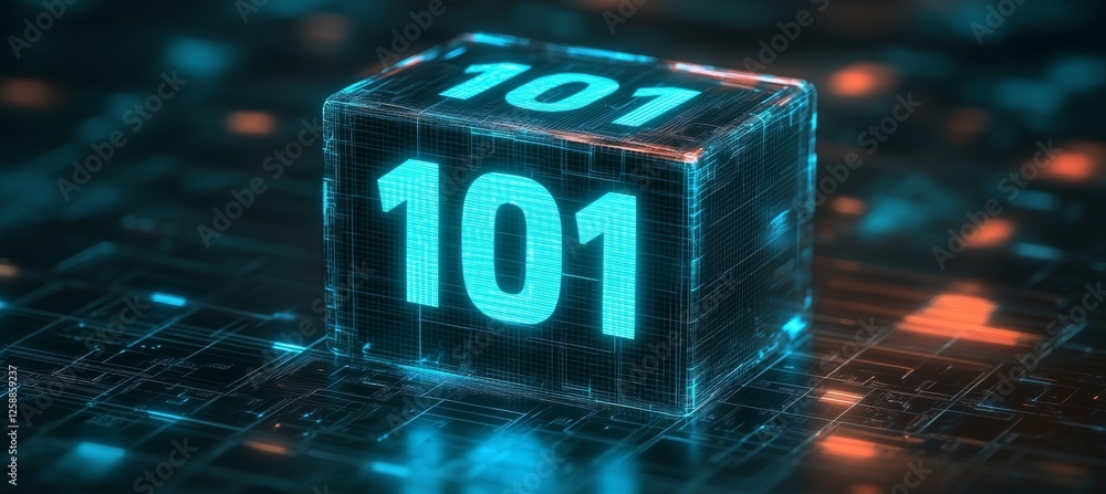 Poster glowing digital cube 3d number 101 in futuristic style, illuminated on digital abstract background