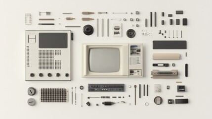 Vintage TV components disassembled on white background