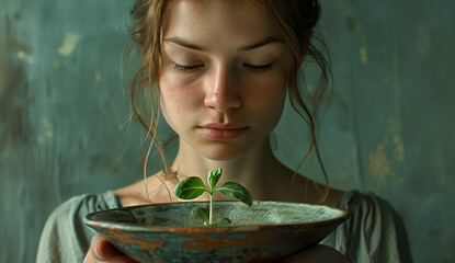 A serene close-up of a young woman holding a bowl with a small plant. She gazes down with a calm expression, surrounded by soft lighting that emphasizes the plant's growth.