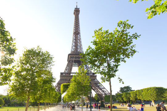 the Eiffel Tower in Paris during daytime surrounded by green trees in springtime