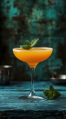 Fototapeta premium Refreshing orange cocktail garnished with mint on a rustic blue table in an inviting setting