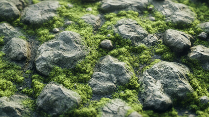 A realistic close-up of green moss and small rocks, creating a natural and earthy texture 