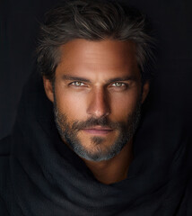 Fototapeta premium Portrait of a Man with Brown Hair and Beard Wearing a Dark Hooded Garment