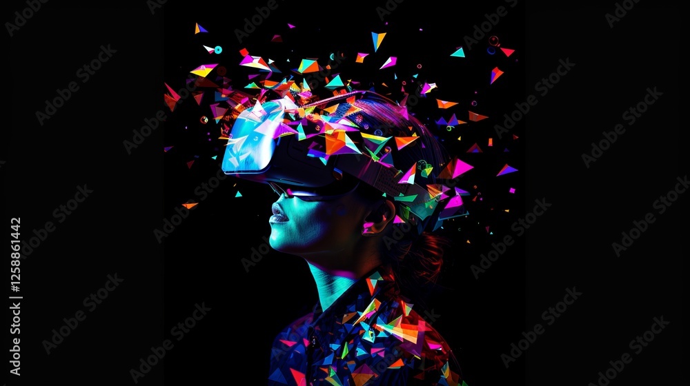 Poster a captivating visual showcasing a person using a vr headset surrounded by vibrant, fragmented geomet