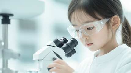 Asian young girl using a microscope in a laboratory setting with safety goggles focused on scientific observation.