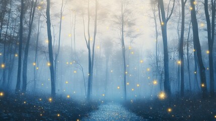 Magical Blue Forest Path with Glowing Lights