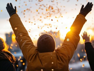 person celebrating with arms raised in confetti