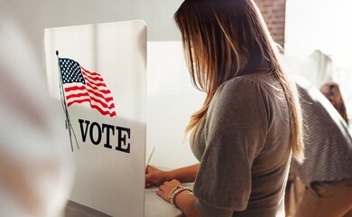 Woman voting at polling station. Us election voting private booth, Voting booth with US flag. Us...