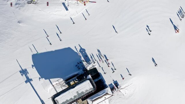 Aerial drone view of a ski resort in Col dei Baldi, Alleghe, in the Dolomites, Italy in daylight