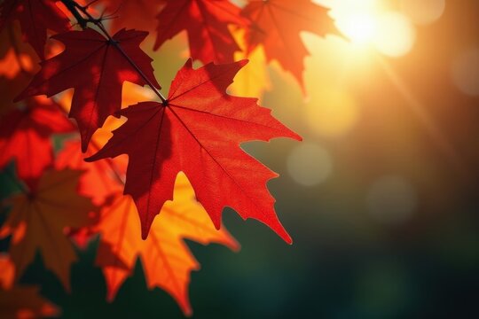Crimson and gold maple leaves backlit by sunlight , image, branch, high resolution