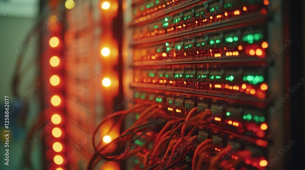 Poster illuminated server rack with network cables