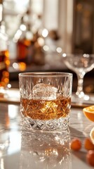 Sip of nostalgia in a cozy bar setting with amber liquor and sparkling glassware capturing warm evening vibes