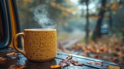 With autumn leaves covering the ground, a steaming coffee cup placed on a table invites a moment of reflection amidst the tranquility of nature and the presence of a vintage camper.