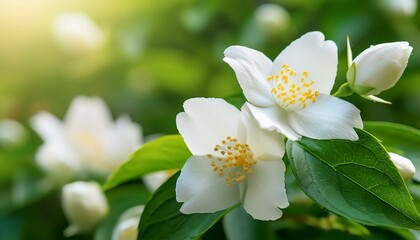 fresh white jasmine plant flowers on green leaves background blossom in the garden in spring