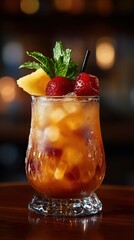 Refreshing tropical cocktail served in a beautifully designed glass garnished with fresh fruit and mint leaves during a warm evening