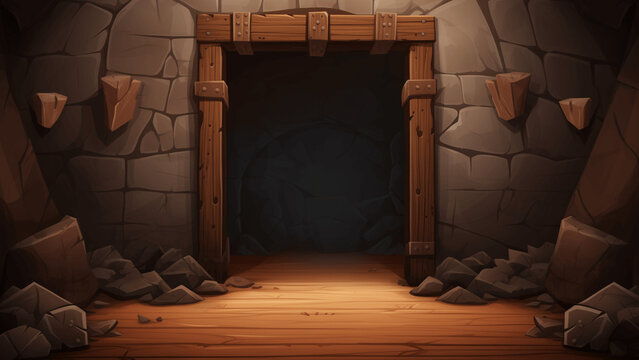 Mysterious wooden mine entrance with dark tunnel and stone walls