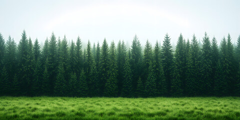 Fototapeta premium Lush green meadow meets a dense, tranquil forest, obscured by a soft, ethereal mist, creating a serene and picturesque landscape of natural beauty.