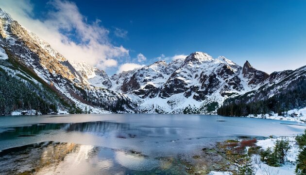 mountain peaks near morskie oko lake in poland at winter tatras range
