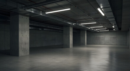 Obraz premium Empty concrete underground garage or parking space with fluorescent lighting, perfect for urban architecture and industrial interior photography.
