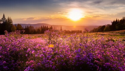 Fototapeta premium sunset pink flower colorful violet beautiful blooming background meadow nature field