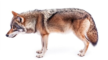 Obraz premium Isolated Wolf Standing on White Background with Calm Expression