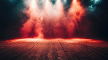 Naklejka premium Mysterious Dark Stage Bathed in Red Smoke and Mist for Artistic Product Displays