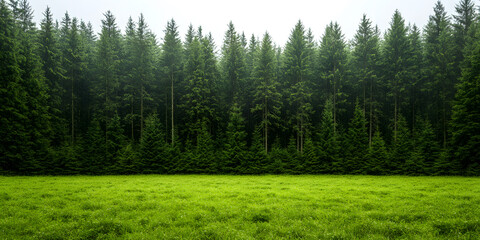 Fototapeta premium A lush green meadow stretches towards a dense forest of tall evergreen trees under an overcast sky, evoking a sense of serenity and natural beauty.