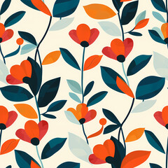 Seamless botanical pattern with vibrant orange and red flowers on a light background