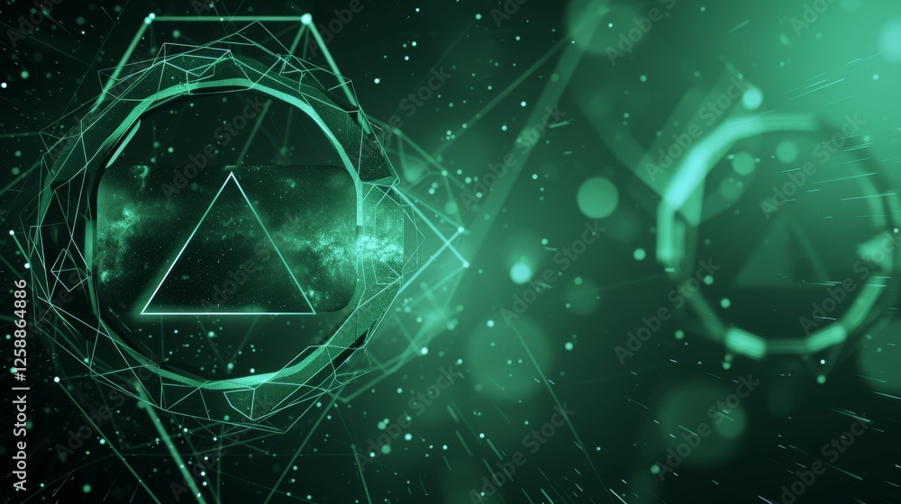 Poster a triangular geometric shape glows brightly in a green digital sphere surrounded by abstract element
