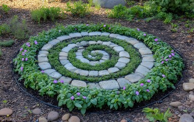 Spiral Stone Garden Path with Purple Flowers