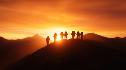 silhouette of hikers on a mountaintop at sunset